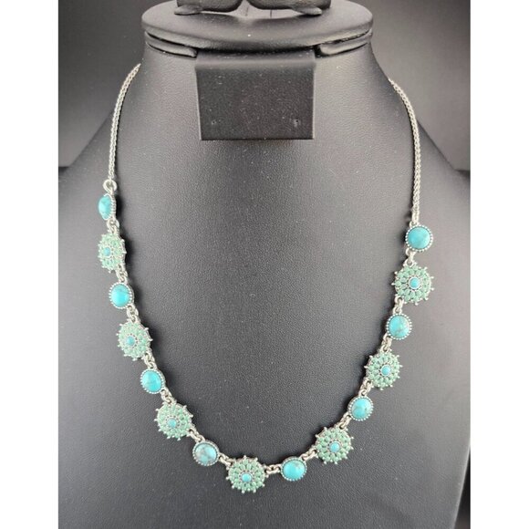 NWT Lucky Brand Silver-Tone Turquoise Flower Necklace With Adjustable Chain - Picture 3 of 8